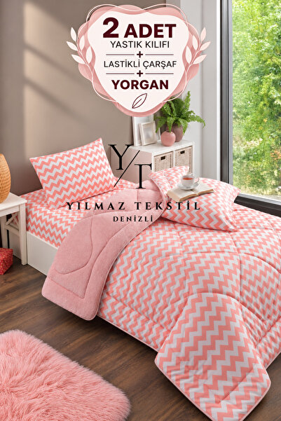 ChicMaison Tek Kişilik Pofuduk Uyku Seti | Lastikli Çarşaflı | Pudra Zigzag