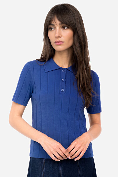 Mudo Women's Blue Polo Collar Short Sleeve Knit Sweater