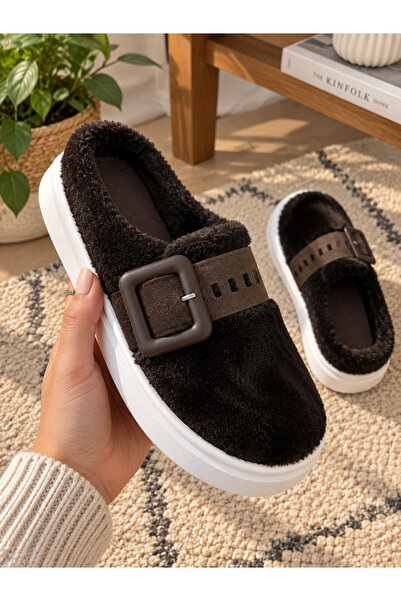 RoseVeno Women's Brown Buckle Detailed High Eva Sole Soft Winter House Slippers