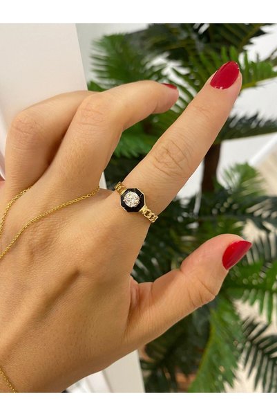 mos&more Serenay Siyah Mineli Gold  Ayarlanabilir Taşlı Şık Çelik Yüzük