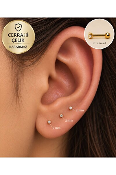 Arescollection Cerrahi Çelik 3 Lü Tragus Helix Conch Lobe Kıkırdak Uyumlu Pie...
