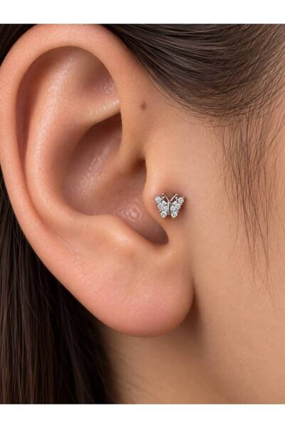 Arescollection zirkon taşlı arkası düz önden vidalı takmalı tragus kıkırdak c...