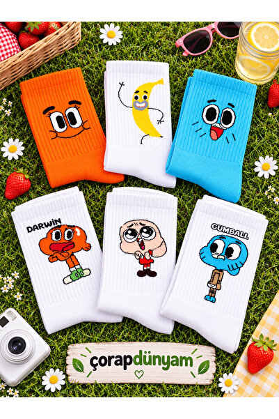 çorapdunyam Unısex 6”li Çizgi Film Kuromi Anime Gumball Darwin Karakterli Neş...