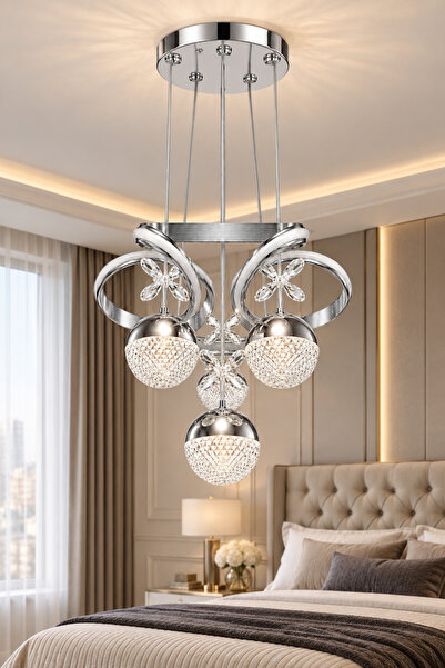Ulucam Aydınlatma Gümüş LED Avize Çizgili Dron 4 Toplu Modern Sarkıt Salon Av...