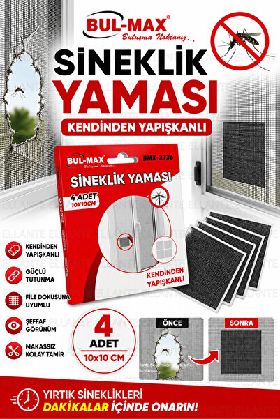 ellante Kendinden Yapışkanlı Sineklik Yaması 4 Adet 10x10 cm Sineklik Tamir B...
