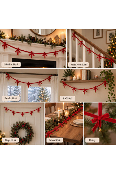 Masalsı Concept Christmas Velvet Ribbon Gold Belled Chain Christmas Pine Tree...