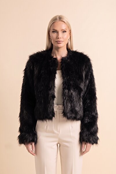 Elegance Scarf Μπουφάν χωρίς γιακά Premium Εισαγόμενο από Γούνα Lolita Μαύρο