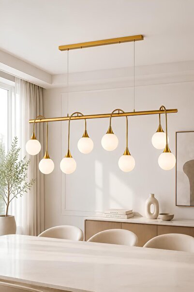 Elvora Home Eskitme (PREMİUM) Gold 8 Opal Küreli Sarkıt Avize Yemek Masası Sa...