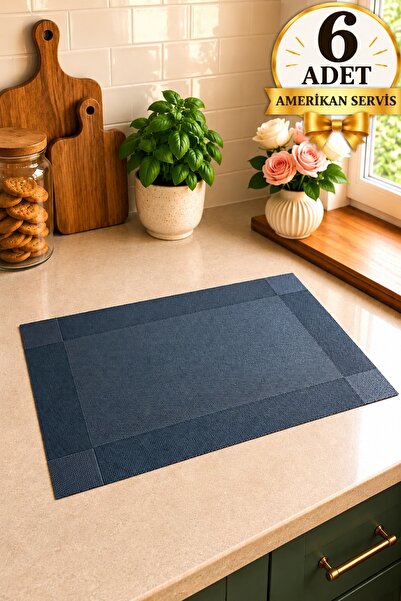 Pinkev 6 Kişilik Siyah Renk PVC Amerikan Servis Supla Seti - 30x45cm