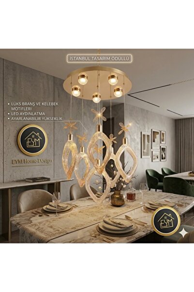 EYM Home Design Gold Kelebekli 6'lı Kristal Led Avize - Bal Renk Cam Sarkıt M...