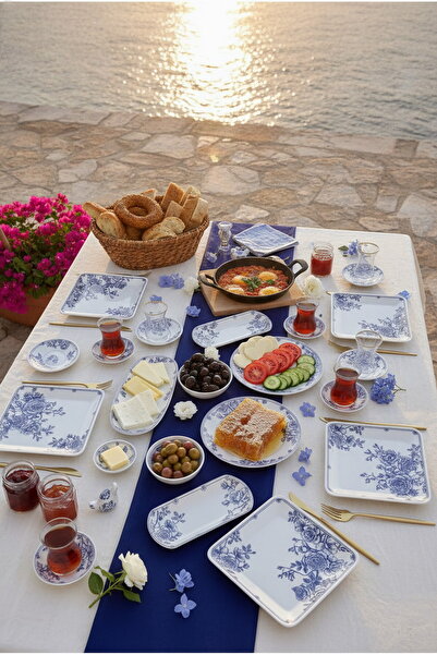 Erbaşlar Royal Blue Antik 20 Parça 6 Kişilik Kare Kahvaltı Takımı, Lüx Kahval...