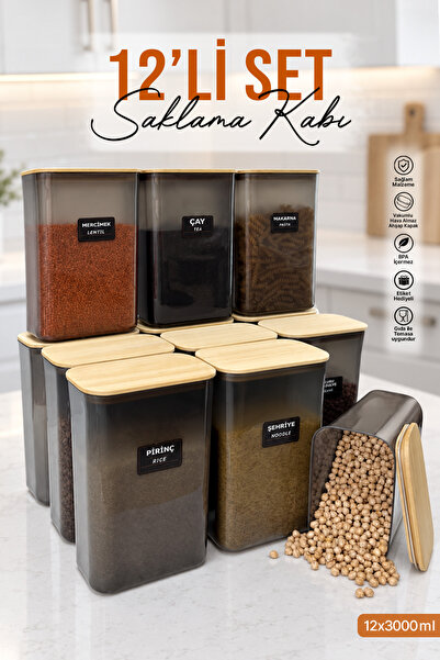 naturelove 12 Lİ Ahşap Vakumlu Kapaklı Erzak Saklama Kavanozu Saklama Kabı ve...