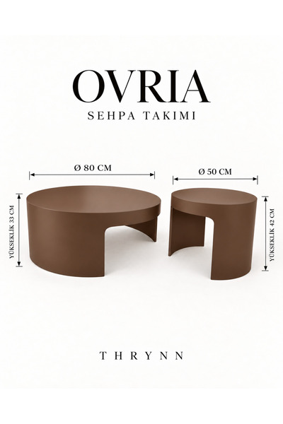 THRYNN Ovria 2’li Yuvarlak Orta ve Yan Sehpa Takımı Ceviz Renk Kahve Modern T...