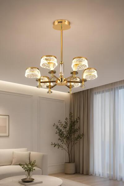Elvora Home 6'lı Modern (PREMİUM) Gold 3 Renkli LEDli Sarkıt Avizesi Salon Mu...