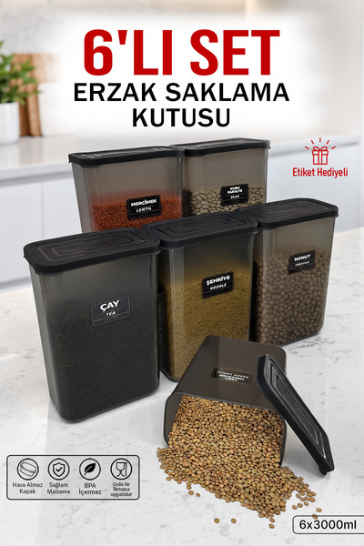 Lizzy 6'lı Kristal Bakliyat Seti Vakum Kapaklı Erzak Saklama Kabı Sızdırmaz E...