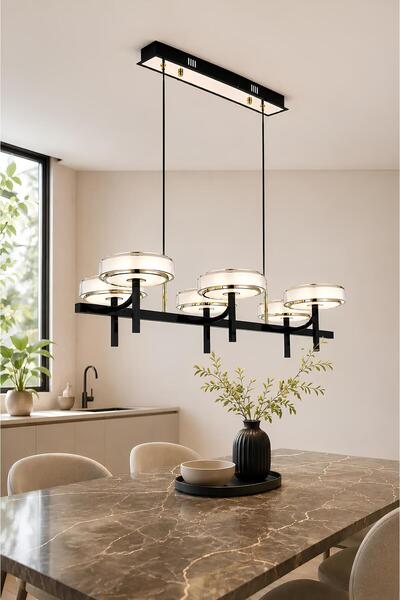 Elvora Home 6'lı Modern PREMİUM 3 Renkli LEDli Sarkıt Avizesi Uzun Salon Mutf...