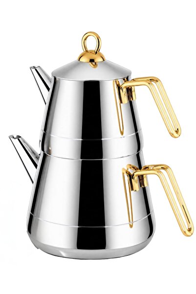 Lines Piramit Altın Metal Kulp Paslanmaz Çelik Çaydanlık Mini Boy - Demlik 0,...