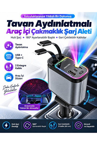 EN SİGA QC3.0 66W PD Hızlı Şarjlı Araç Şarj Cihazı Yıldızlı Tavan Ambiyans Işıklı Çoklu Şarj Adaptörü