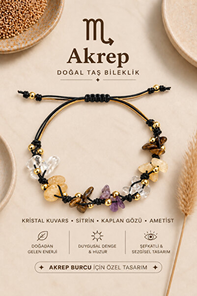 Femenino Akrep Burcu Gerçek Doğal Taş Siyah - Gold İki Renk İp Örme Bileklik ...