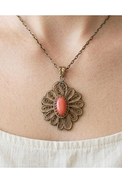 elinasaccessories Bronz Telkari Mercan Akik Kolye 42 cm El Yapımı Otantik Doğ...