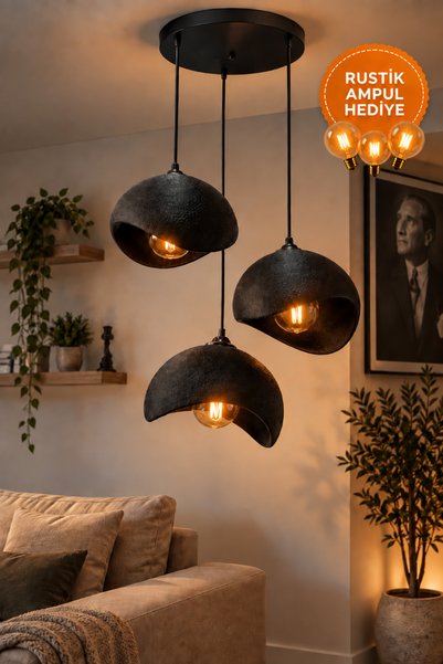 JUTUAL DEKOR Beton Görünümlü Siyah 3'lü Sarkıt Avize Bohem Modern Salon Yemek...