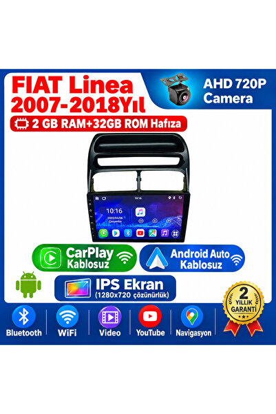 FIAT Linea 2007-2018 Yıl uyumlu 2GB Ram 32GB Rom Hafıza Android Kablosuz Carplay Navigasyon Multimedya 9 Inç Ekran Hediye görüş kamerası Hediye Çerçevesi 2+32