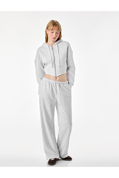 Koton Ruffled Long Sleeve Hooded Crop Sweatshirt with Corset Detail and Zipper