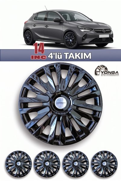 YONGA OTO AKSESUAR OPEL CORSA 14 İnç Jant Kapağı 4'lü Set Piano Black + 4 Amblem + 8 Cırt Kelepçe