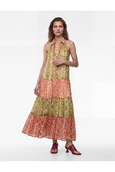 Koton Layered Sleeveless Ethnic Patterned Glitter Halter Neck Chiffon Shirt D...