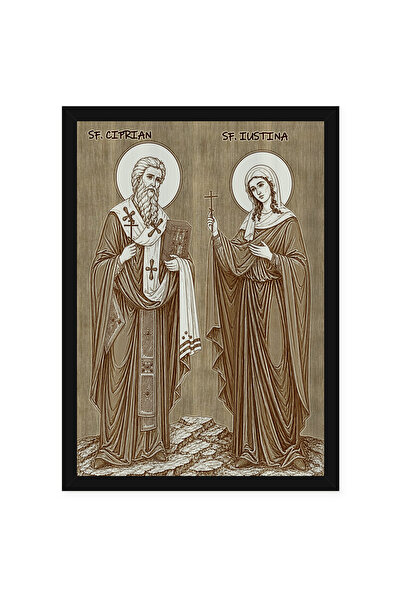 OEM Icoana Sfintii Ciprian si Iustina pirogravata pe lemn, cu rama, 21 x 30 cm