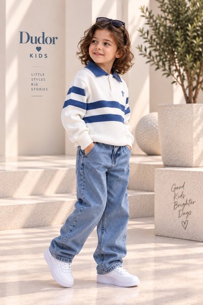 DUDOR KİDS Boys' Blue Denim Pants and Knitted Sweater Two-Piece Set - Holiday Collection