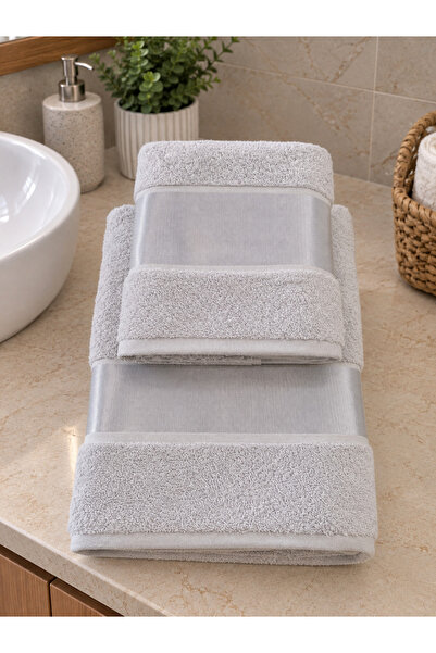 Tanem Home %100 Pamuklu 2'li Havlu Seti 50x90 El ve Yüz Havlusu + 70x140 Banyo Havlusu Gri Bordürlü