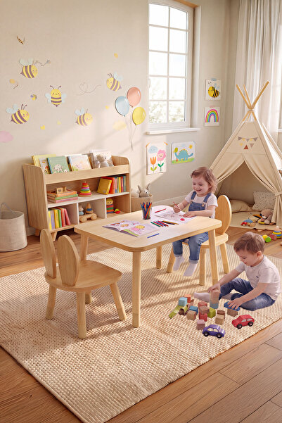 Bee Smart Safir Meşe Naturel Aktivite Masası 2 Sandalyeli Çocuk Masa Sandalye...