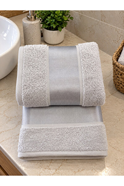 Tanem Home %100 Pamuklu 2'li Havlu Seti 50x90 El ve Yüz Havlusu + 70x140 Banyo Havlusu Gri Bordürlü