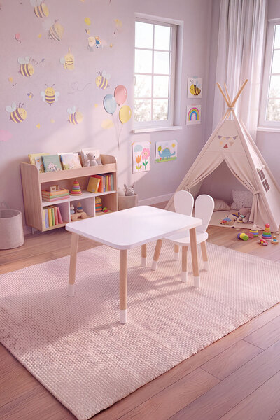 Bee Smart Ahşap Montessori Aktivite Masası Sandalyesi, Bunny Masa Sandalye, 1...