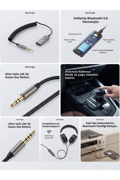 SPRANGE Bluetooth 5.4 Araç Ses Adaptörü - AUX & USB Girişli Mikrofonlu HD Ses...