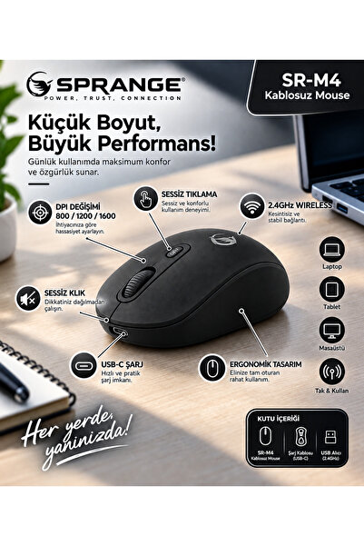 SPRANGE Sessiz Tık Şarj Edilebilir Kablosuz Mouse - Bluetooth 5.4 & 2.4GHz Çi...