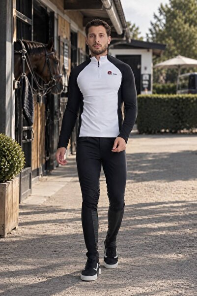 PEUR RIDER SHOP Siyah Kol Beyaz Garnili Fermuarlı Uzun Kollu Erkek Binici T-s...