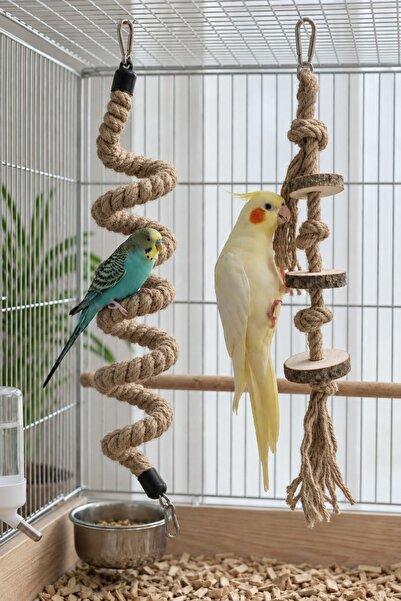 Mivra Pets 2'li Doğal Ahşap Kuş Oyuncak Seti - 90cm Esnek Tünek ve Jüt İp Kem...