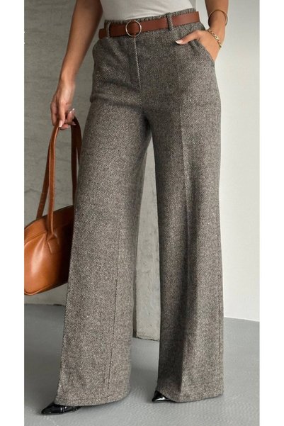 mor butik Women's Brown Herringbone Patterned Wide Leg Palazzo Trousers with Pockets and Belt
