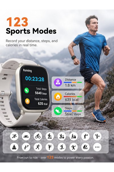 DuneVoyager ساعة ذكية QW4 بشاشة عالية الدقة 1.72 بوصة 360×360، مع خاصية الكشف التلقائي عن التمارين، وواجهات ساعة قابلة للتخصيص بالصور، ومكالمات بلوتوث، وتاج دوار، ومتوافقة مع نظامي iOS وأندرويد.