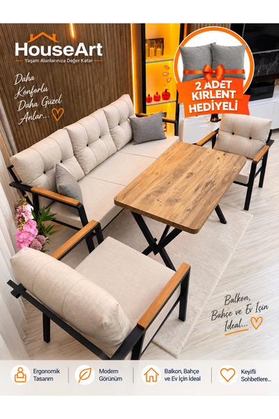 VERA 3+1+1 + Masa , Balkon, Bahçe - Cafe , Teras , Metal Kanepe Koltuk Takımı , YEMEK MASASI ,Çay Seti