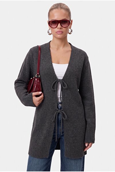 Ritnice Women's Rune Soft Textured Lace-Up Anthracite Long Cardigan
