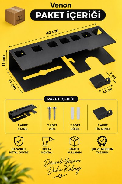 VENON Fiş Tutucu Hediyeli || SET Lüks Duvar SİYAHDyson ve Kablo Tutucu Airwrap Stand - Saç Kurutma Makinesi Askısı - Banyo Rafı