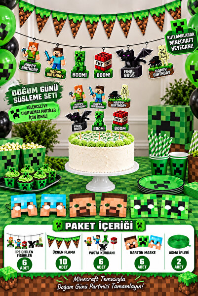 GREATOY Minecraft Temalı Doğum Günü Seti 10 Flama 6 Figür Banner 6 Pasta Kürd...
