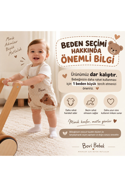 Genel Markalar Erkek Bebek Ayıcık Desenli Keten Dokulu Şort Salopet ve Tişört...
