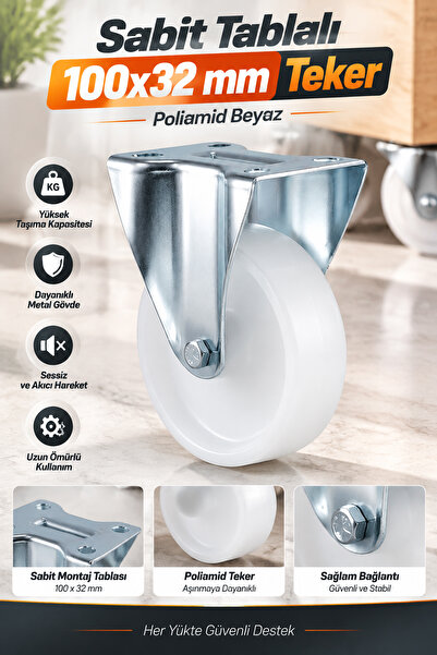 NZB Sabit Tablalı Teker 100x32 mm Poliamid Beyaz Burçlu Ağır Yük Tekeri