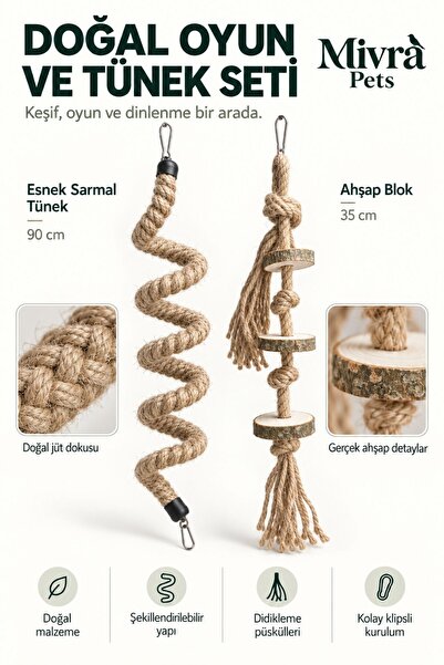 Mivra Pets Set of 2 Natural Wooden Bird Toys - 90cm Flexible Perch and Jute Rope Chewing Block