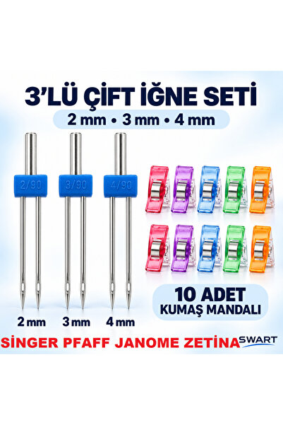 Swart Singer Zetina Pfaff janome Singer Çift iğne seti 2mm-3mm-4mm 10 adet ku...
