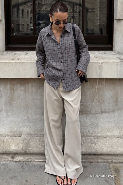 Madmext Gray Oversized Plaid Patterned Women's Shirt Mg2589